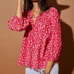 Tucker Classic Blouse Coral Silk Blend Hugs & Kisses Print Boho Smocked XS